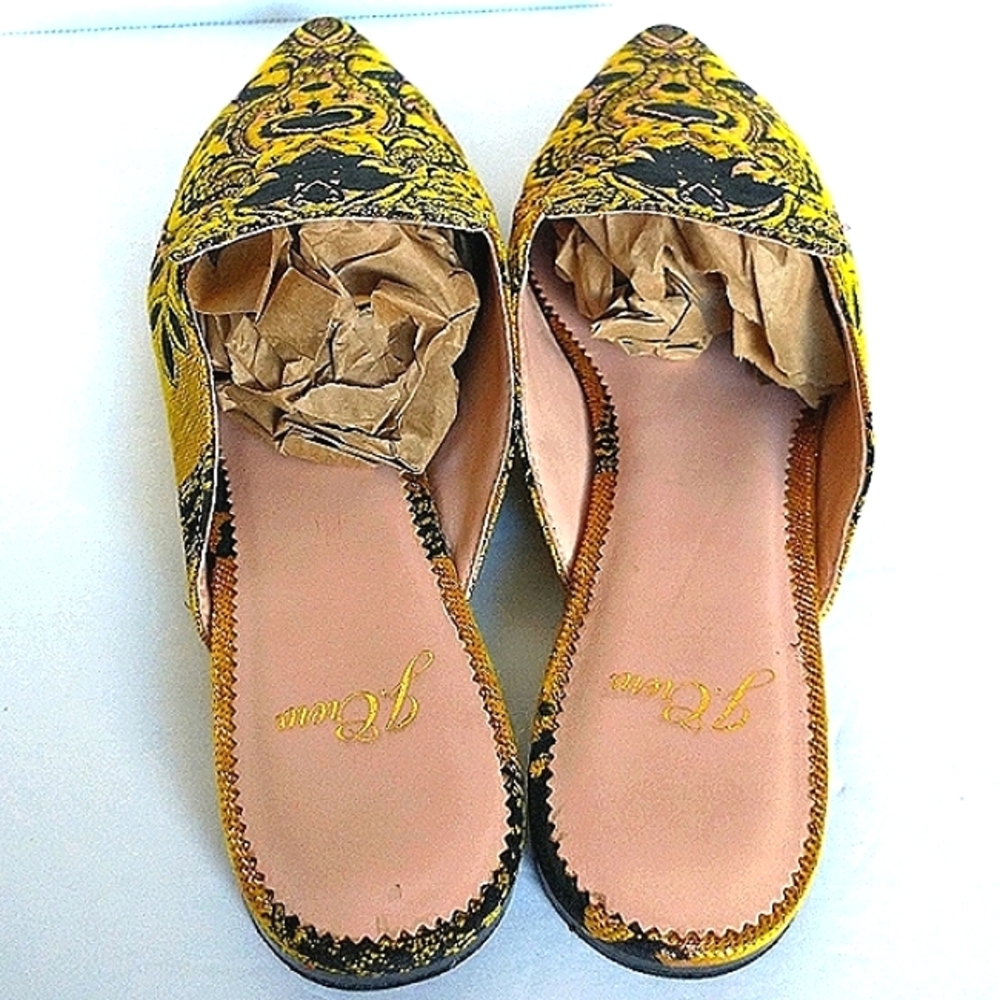 Excellent Used Pair J. Crew Marina Marigold/Black Brocade Pointed Toe Flat Mule - Picture 6 of 14